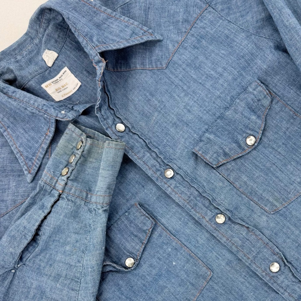 Big Mac Chambray Western Shirt Mens Blue Pearl Snap Vintage 1970s
